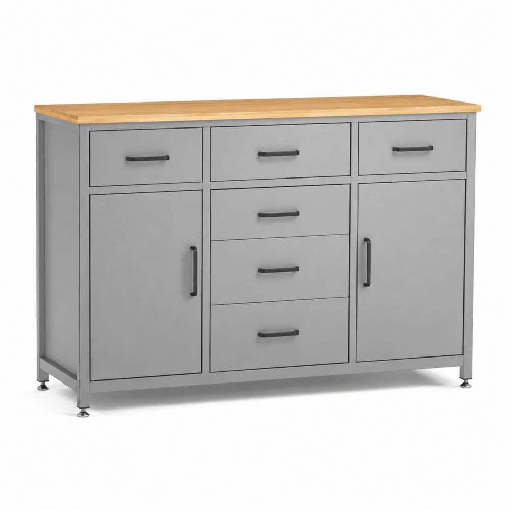 Credenza in metallo grigio con piano in legno 152x46x91 cm