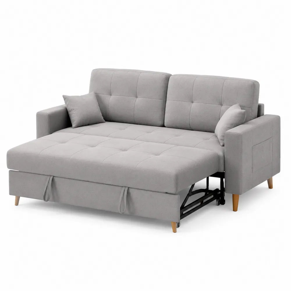 Divano Letto in Tessuto Grigio con Gambe in Legno