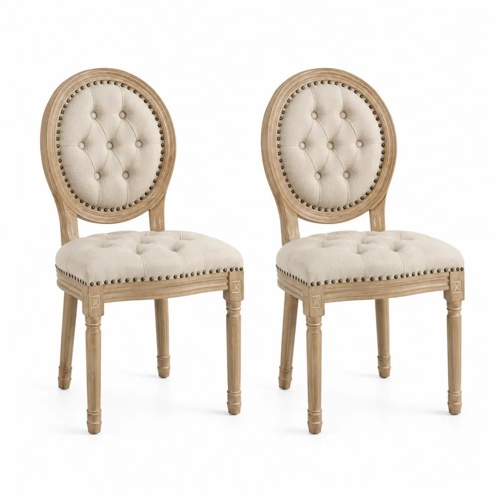 Set di 2 sedie in legno massello con tessuto in lino beige