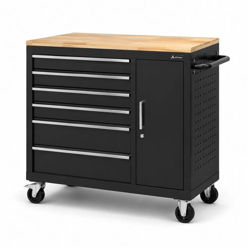 Carrello porta attrezzi in metallo con piano in legno e ruote
